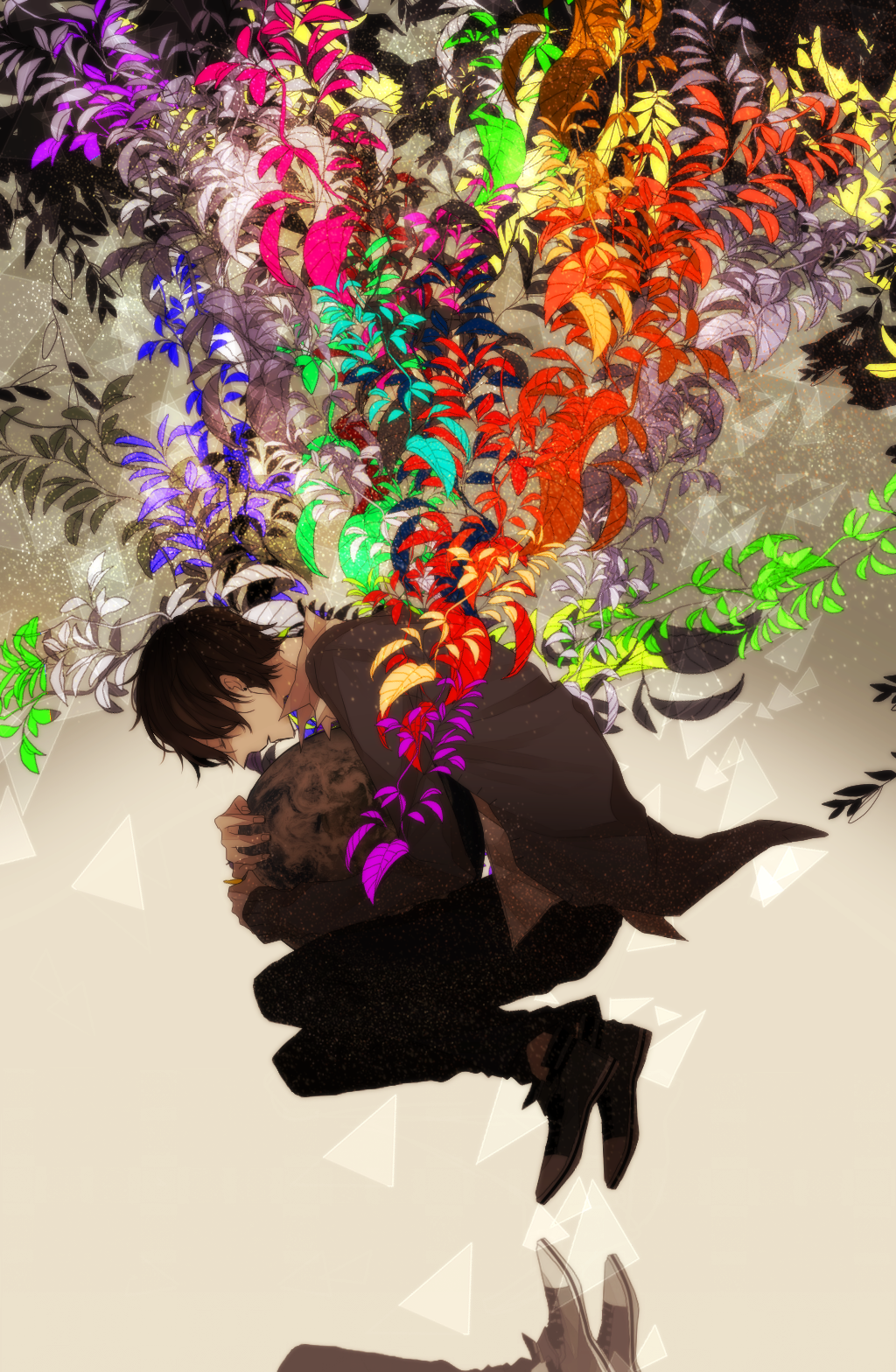 bad_id, black_hair, broken_glass, closed_eyes, colorful, earrings, earth, eyes_closed