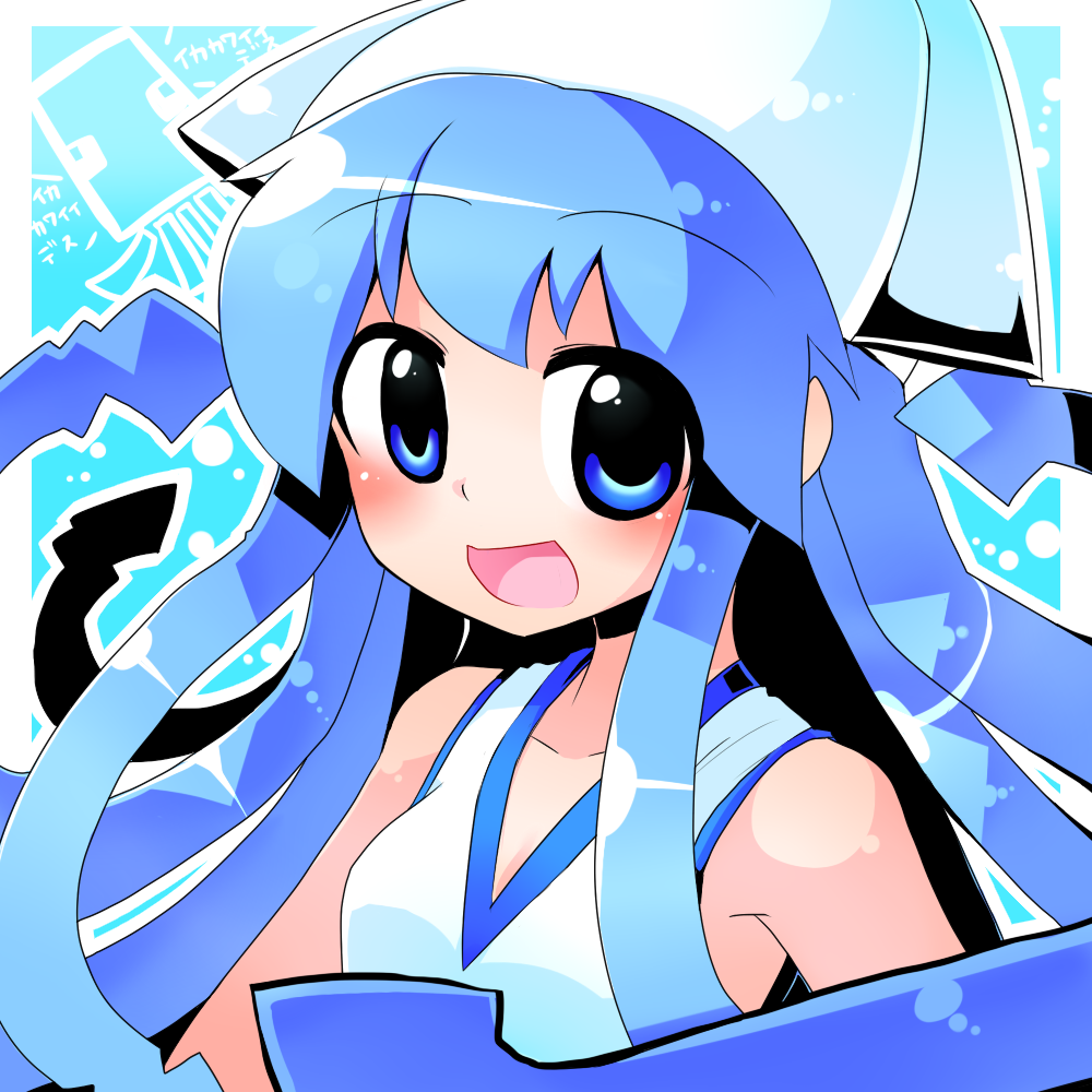 blue_hair, dress, hat, ikamusume, long_hair, mogumogu_mole, mogura_(susutake), shinryaku!_ikamusume