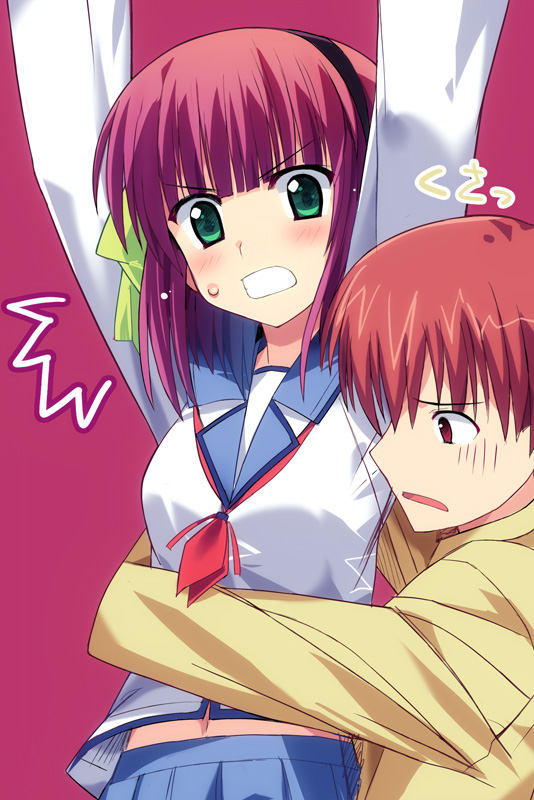 1boy, 1girl, angel_beats!, bad_id, blush, brown_eyes, brown_hair, clenched_teeth