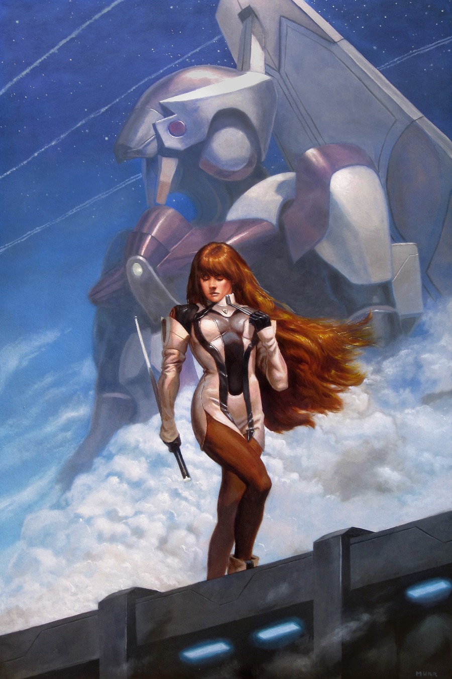 elbow_gloves, elhaym_van_houten, eyes_closed, gloves, highres, jake_murray, long_hair, mecha, orange_hair, pantyhose, realistic, short_dress, sword, uniform, very_long_hair, vierge, weapon, xenogears