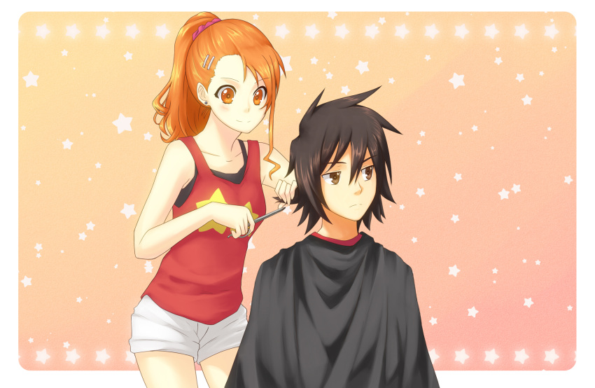 1boy, 1girl, anjou_naruko, ano_hi_mita_hana_no_namae_wo_bokutachi_wa_mada_shiranai, asymmetrical_hair, black_hair, brown_eyes, brown_hair