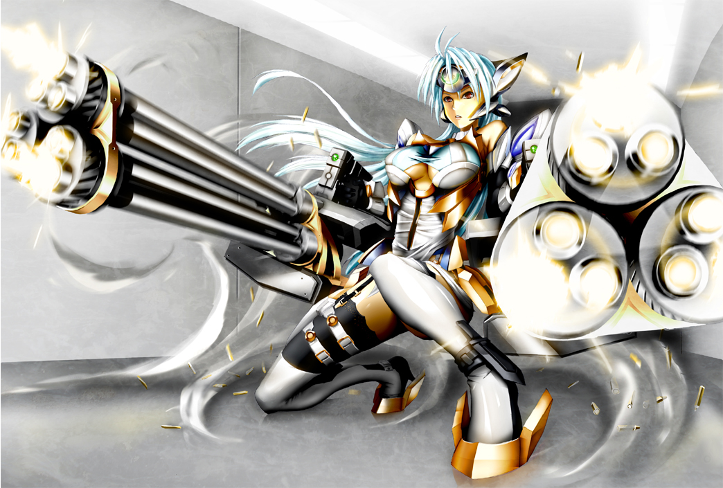 bare_shoulders, blue_hair, breasts, casing_ejection, cleavage, cleavage_cutout, dual_wielding, firing, gatling_gun, gun, kos-mos, long_hair, motion_blur, muzzle_flash, one_knee, red_eyes, shell_casing, solo, tect, thigh-highs, thighhighs, underboob, weapon, white_legwear, xenosaga, xenosaga_episode_iii