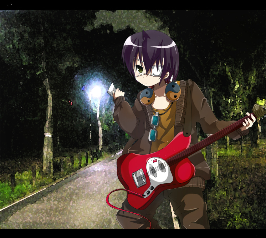 chibi, eyepatch, gintama, glasses, green_eyes, guitar, instrument, male