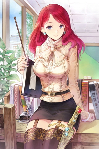book, bow, breasts, dagger, earrings, garter_belt, holster, jewelry