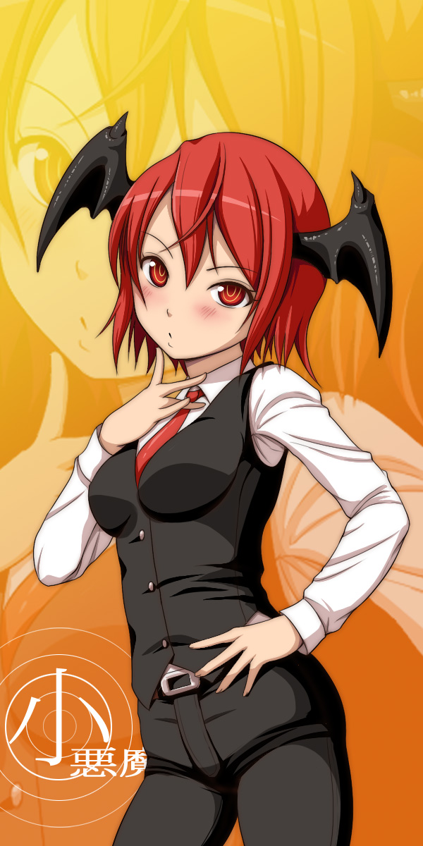 adapted_costume, alternate_costume, alternate_hair_length, alternate_hairstyle, bat_wings, belt, blush, breasts