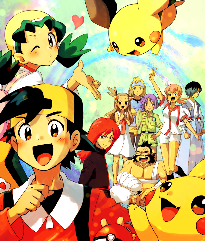 akane_(pokemon), black_(pokemon_golden_boys), blue_eyes, brown_eyes, brown_hair, crystal_(pokemon), gold_(pokemon), gold_(pokemon)_(classic), green_hair, gym_leader, hayato, hayato_(pokemon), headband, holding, holding_poke_ball, matsuba_(pokemon), mikan_(pokemon), multiple_boys, pichu, pikachu, pink_hair, poke_ball, pokemon, pokemon_(creature), pokemon_(game), pokemon_golden_boys, pokemon_gsc, purple_hair, red_hair, redhead, shijima_(pokemon), silver_(pokemon), silver_(pokemon)_(classic), tsukushi_(pokemon), waist_poke_ball, wink