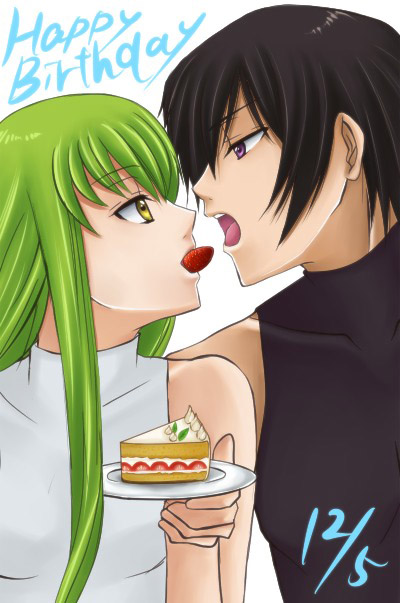 black_hair, c.c., cake, cc, code_geass, food, fruit, green_hair