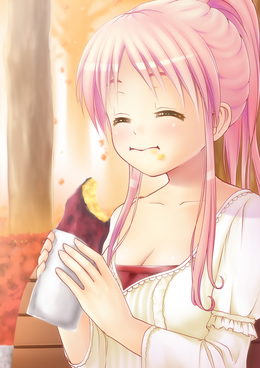 bench, blush, breasts, cleavage, closed_eyes, dress, eating, endou_hiroto