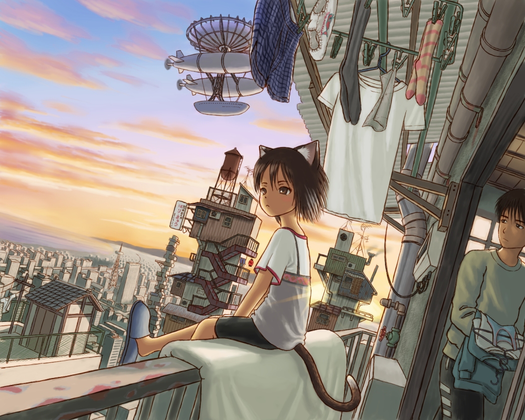 airship, bike_shorts, brown_eyes, brown_hair, cat_ears, cat_tail, city, cityscape