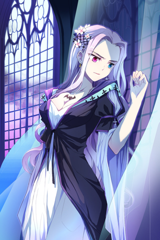 breasts, cleavage, dress, earrings, flower, heterochromia, jewelry, long_hair