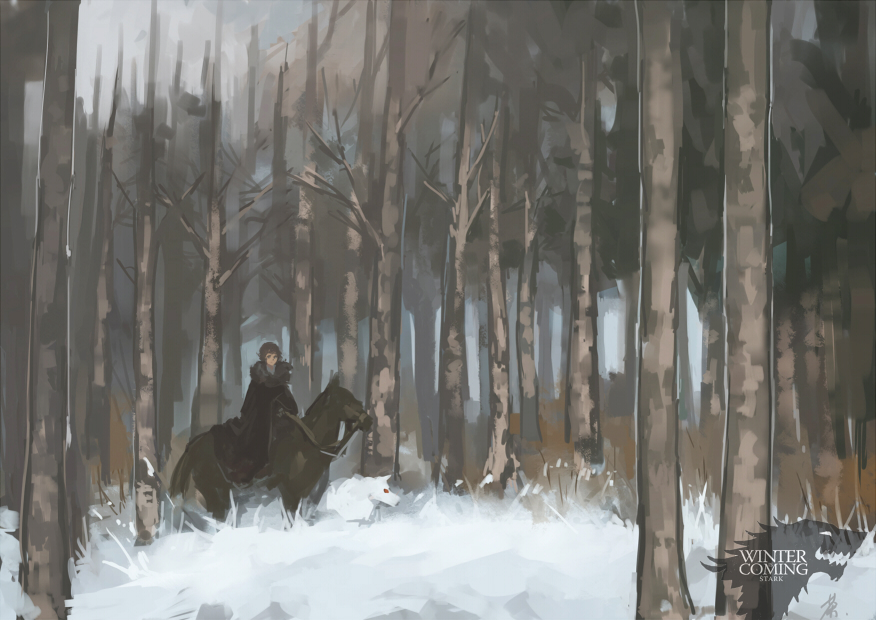 a_song_of_ice_and_fire, bare_tree, bran_stark, cha, cloak, forest, ghost_(a_song_of_ice_and_fire), horse
