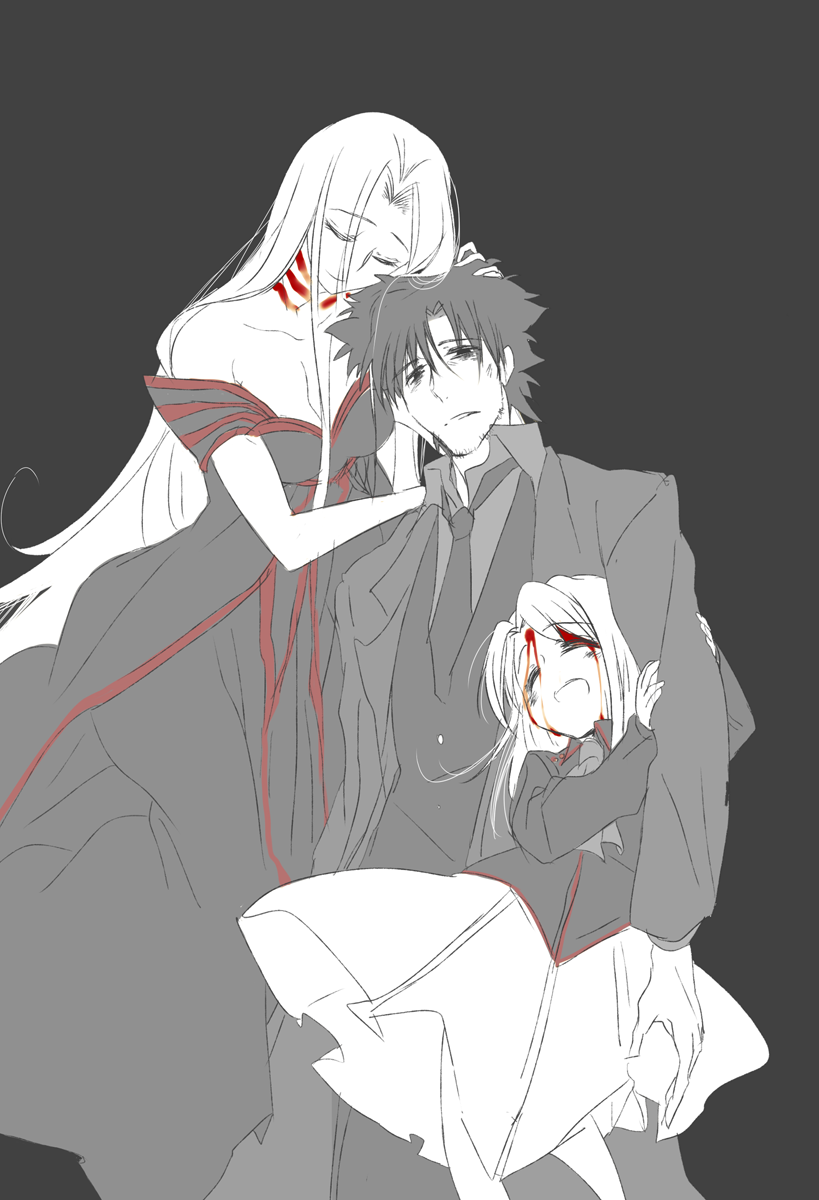 2girls, blood, dress, emiya_kiritsugu, family, fate/stay_night, fate/zero, fate_(series), highres, illyasviel_von_einzbern, irisviel_von_einzbern, kinroh, multiple_girls, simple_background, spoilers, spot_color