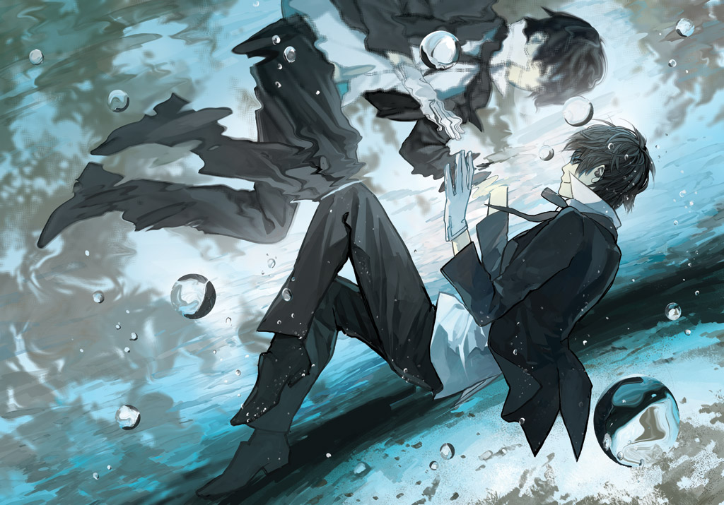 black_hair, bubble, formal, gloves, grey_eyes, hands, male, original, outstretched_arm, outstretched_hand, popped_collar, reaching, reflection, ripples, shoes, short_hair, smile, solo, suit, touki_no_tsubo, underwater, white_gloves