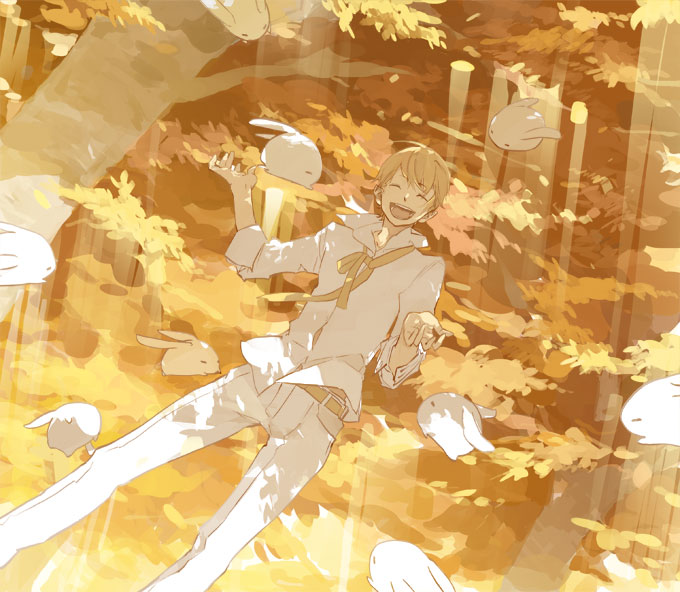 animal, autumn, autumn_leaves, belt, blonde_hair, bunny, closed_eyes, eyes_closed
