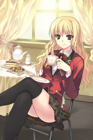 blonde_hair, bow, brown_eyes, cake, celine_hastur, chair, cookie, crossed_legs