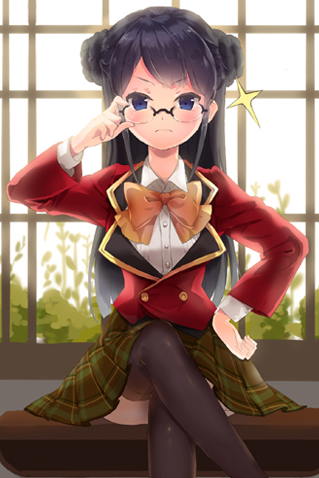 amy_(sword_girls), black_hair, blazer, blue_eyes, bow, crossed_legs, dress_shirt, glasses