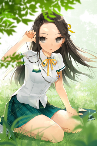 book, brown_eyes, brown_hair, dress_shirt, grass, half_updo, layna_scentriver, long_hair