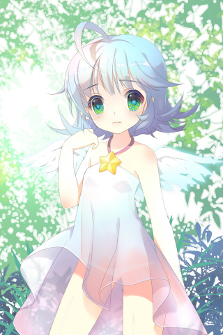 angel_wings, aqua_hair, bare_shoulders, blush, child, dress, gart, green_eyes