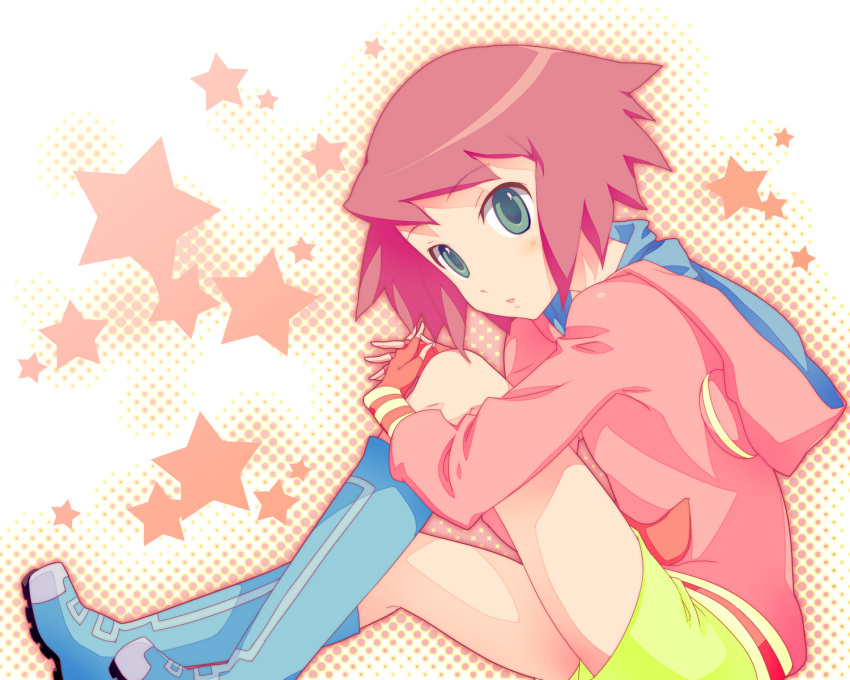 boots, capcom, fingerless_gloves, gloves, green_eyes, hibiki_misora, highres, hoodie