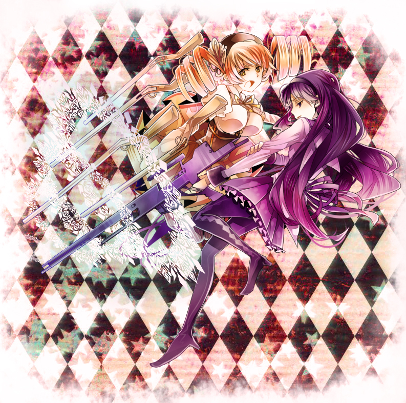 akemi_homura, argyle, argyle_background, argyle_legwear, bad_id, beret, black_eyes, blonde_hair