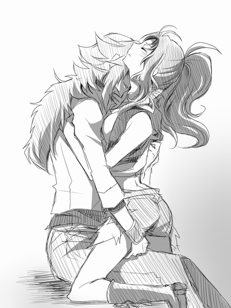 1girl, closed_eyes, couple, denim, denim_shorts, eyes_closed, hug, long_hair, monochrome, n_(pokemon), no_hat, no_headwear, pokemon, pokemon_(game), pokemon_black_and_white, pokemon_bw, sakura_(lilak_a), shirt_lift, shorts, sitting, smile, touko_(pokemon), vest