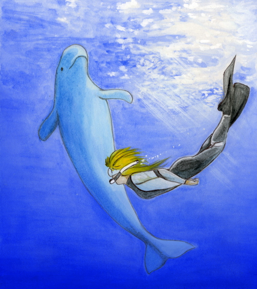 beluga_whale, blonde_hair, bubble, diving_mask, fins, freediving, rx92, snorkel, swimming, traditional_media, underwater, water, wetsuit