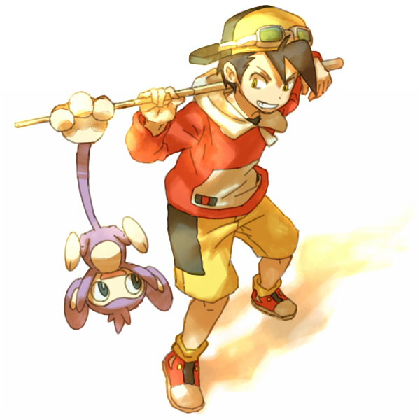 1boy, aipom, backwards_hat, black_hair, cue_stick, glasses, goggles, goggles_on_head