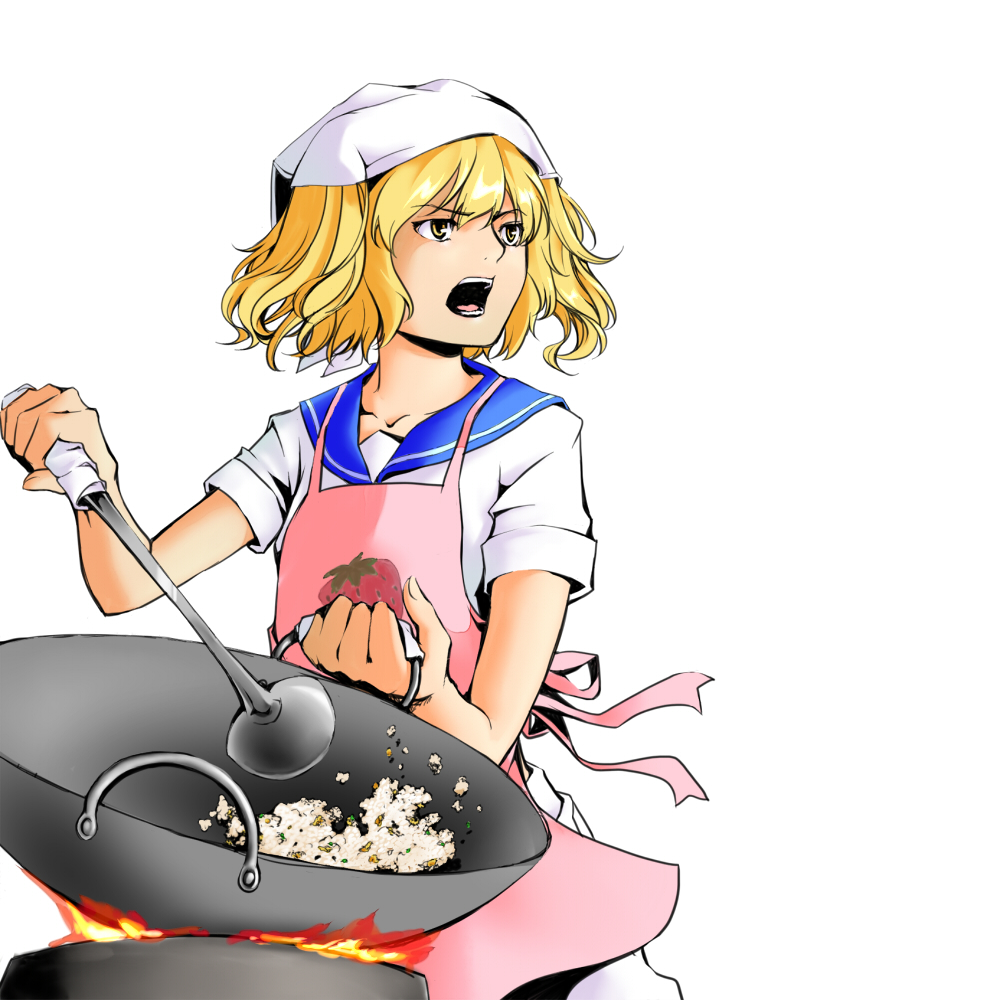 apron, blonde_hair, cooking, food, frying_pan, head_scarf, kitashirakawa_chiyuri, misopanne