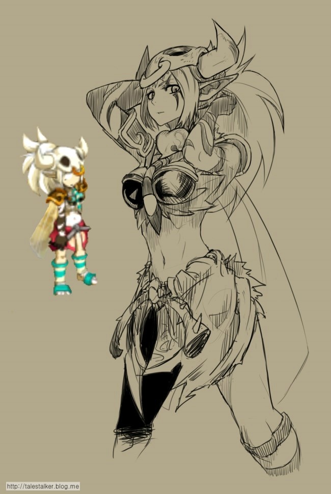 helmet, horns, long_hair, lunaticmem, midriff, monochrome, navel, pointy_ears, ponytail, sketch, tattoo, wakfu, watermark, web_address