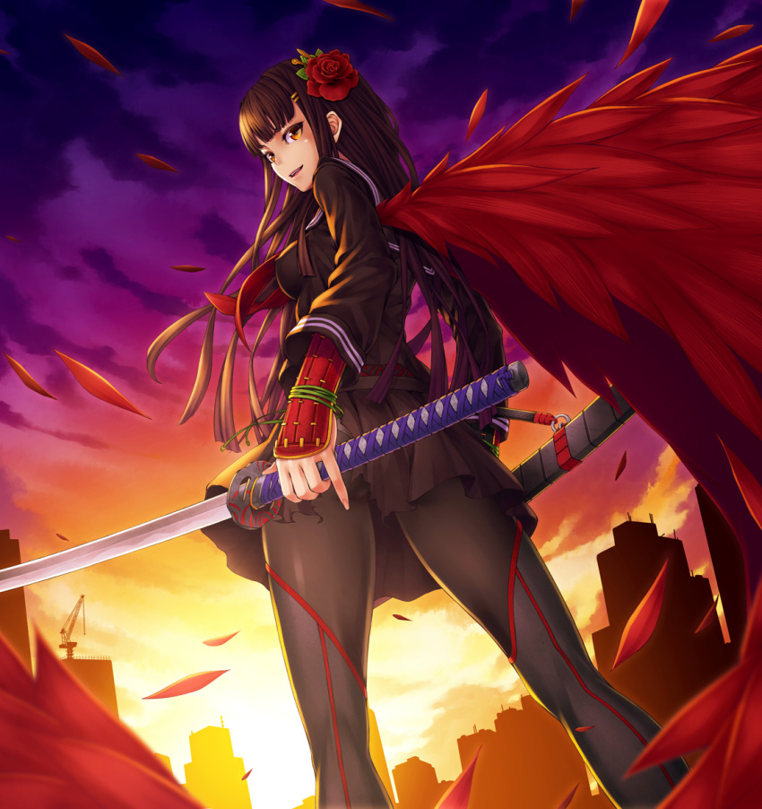 aka_(shoumae), bangs, black_hair, black_legwear, blunt_bangs, brown_legwear, cityscape, cloud