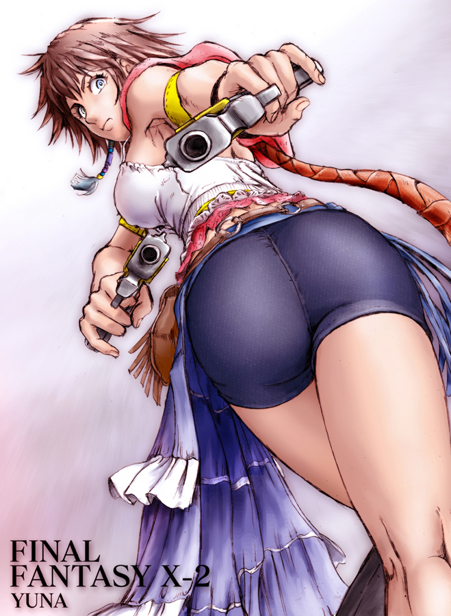 ass, bare_shoulders, blue_eyes, braid, breasts, brown_eyes, brown_hair, character_name