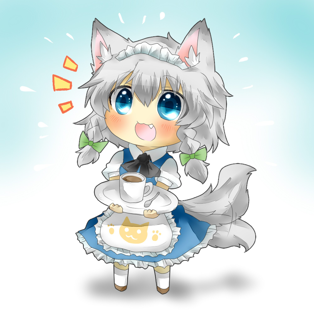 :3, animal_ears, apron, blue_dress, blue_eyes, blush, braid, cat