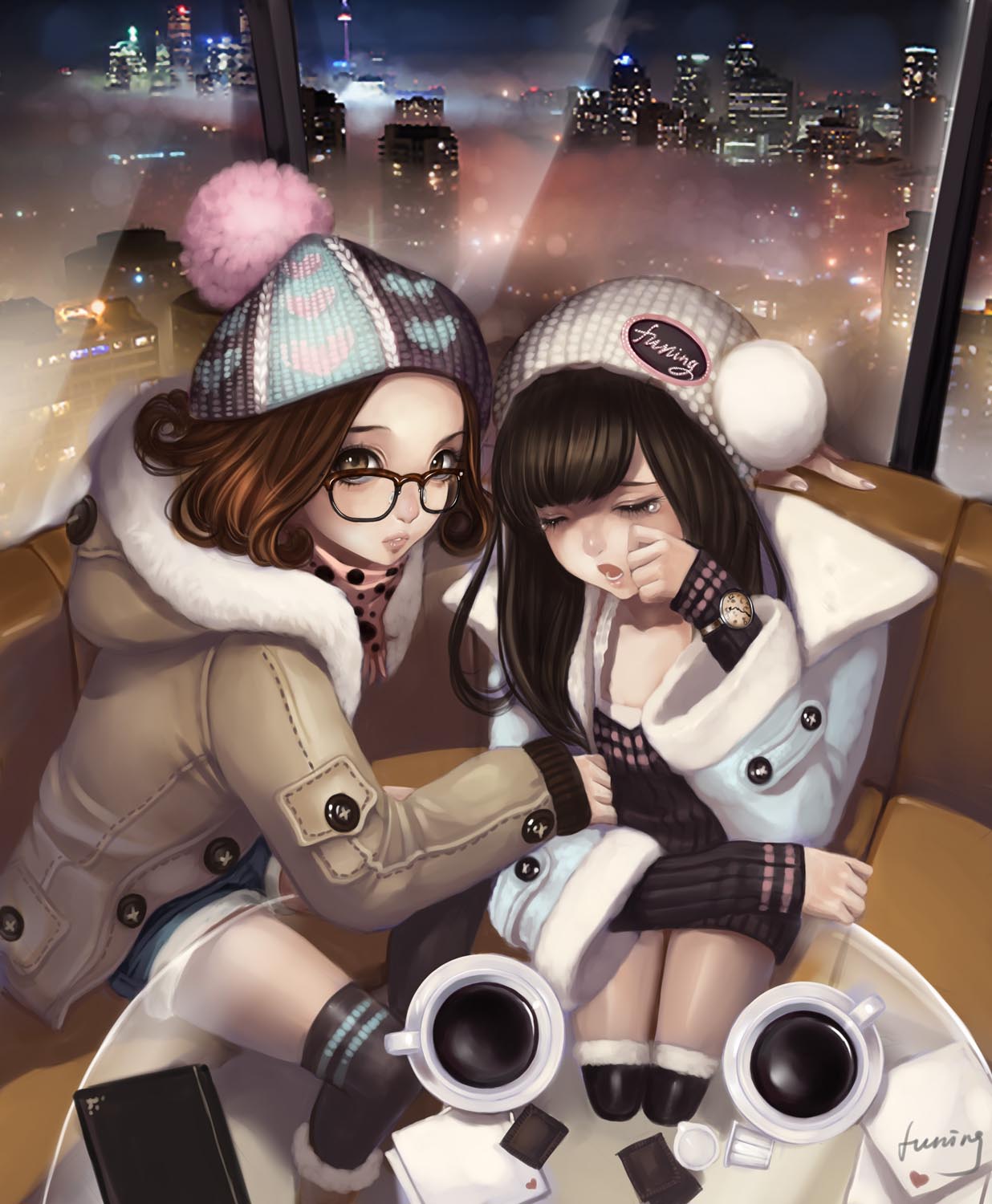 beanie, black_hair, black_legwear, blush, bobo1983, book, brown_eyes, brown_hair