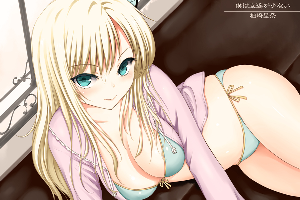 blonde_hair, blue_bikini, blush, boku_wa_tomodachi_ga_sukunai, breasts, cleavage, front-tie_top, green_eyes