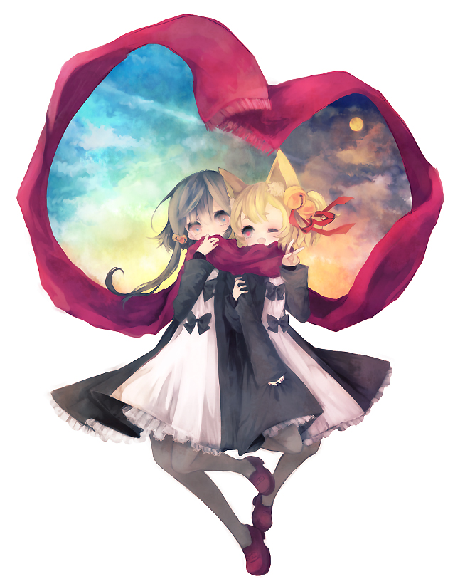 animal_ears, bad_id, bow, dress, hair_ornament, himehi, mary_janes, multiple_girls