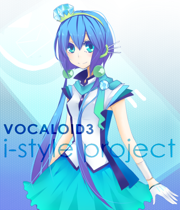 blue_eyes, blue_hair, diamond, gloves, hair_ornament, long_hair, pineapple_(a30930s), scarf, skirt, smile, solo, tourmaline, twintails, vocaloid