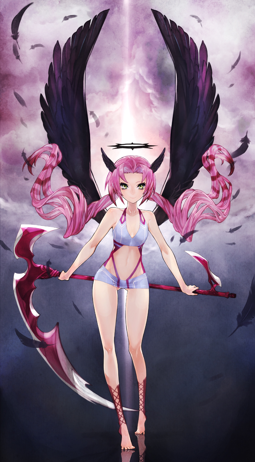 1girl, bare_shoulders, barefoot, black_wings, eyelashes, feathers, floating_hair, green_eyes