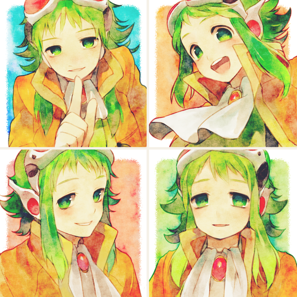 goggles, goggles_on_head, green_eyes, green_hair, gumi, headphones, megpoid_(vocaloid3), noe_yuuhi