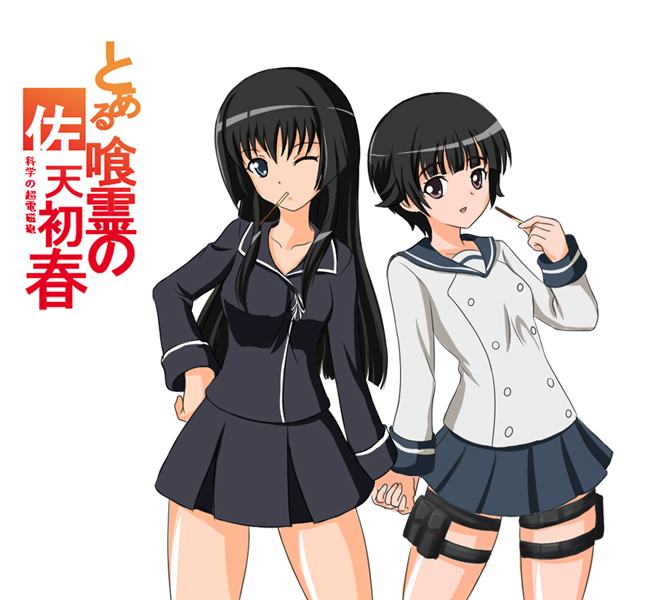 2girls, black_hair, blue_eyes, cosplay, ga-rei, ga-rei_zero, hand_holding, holding_hands, isayama_yomi, isayama_yomi_(cosplay), monkey_girl, multiple_girls, parody, pleated_skirt, pocky, purple_eyes, saten_ruiko, school_uniform, skirt, to_aru_kagaku_no_railgun, to_aru_majutsu_no_index, tsuchimiya_kagura, tsuchimiya_kagura_(cosplay), uiharu_kazari, violet_eyes, wink, yuri