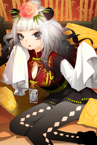 argyle, argyle_legwear, bangs, black_eyes, black_hair, blunt_bangs, breasts, cleavage, flower, jewelry, long_hair, lowres, multicolored_hair, necklace, open_mouth, panda_ears, pantyhose, penika, pillow, pleated_skirt, rose, salt_(salty), shoes, skirt, sleeves_past_wrists, solo, sword_girls, white_hair