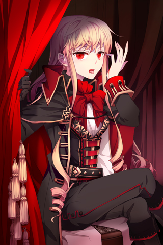 belt, blonde_hair, blood, boots, cinia_pacifica, coat, curtain_grab, curtains