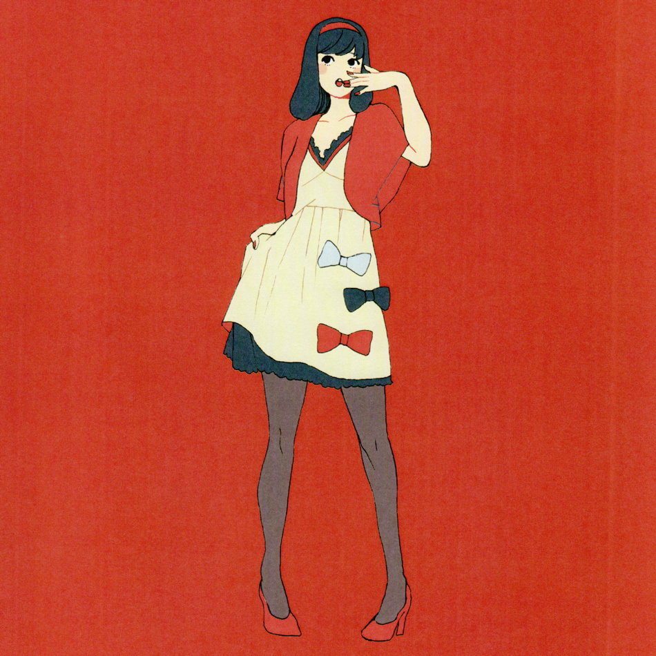 :o, black_eyes, black_hair, black_legwear, bolero, bow, cropped_jacket, dress, goumoto, hairband, hakodume, hand_to_mouth, high_heels, long_hair, nail_polish, open_mouth, original, pantyhose, red_shoes, shoes, short_dress, simple_background, skirt_hold, solo, standing