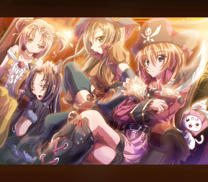 animal_ears, black_legwear, blue_eyes, boots, brooch, brown_eyes, brown_hair, cat