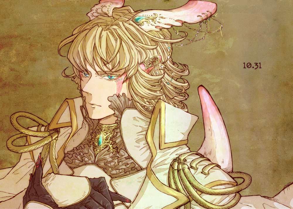 aiguilette, aiguillette, aqua_eyes, bad_id, barnaby_brooks_jr, blonde_hair, blue_eyes, facial_mark, green_eyes, jewelry, male, no_glasses, solo, t_poppo, tiger_&amp;_bunny