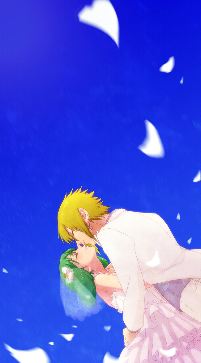 1girl, bare_shoulders, blonde_hair, bow, brera_sterne, bridal_veil, bride, brother_and_sister