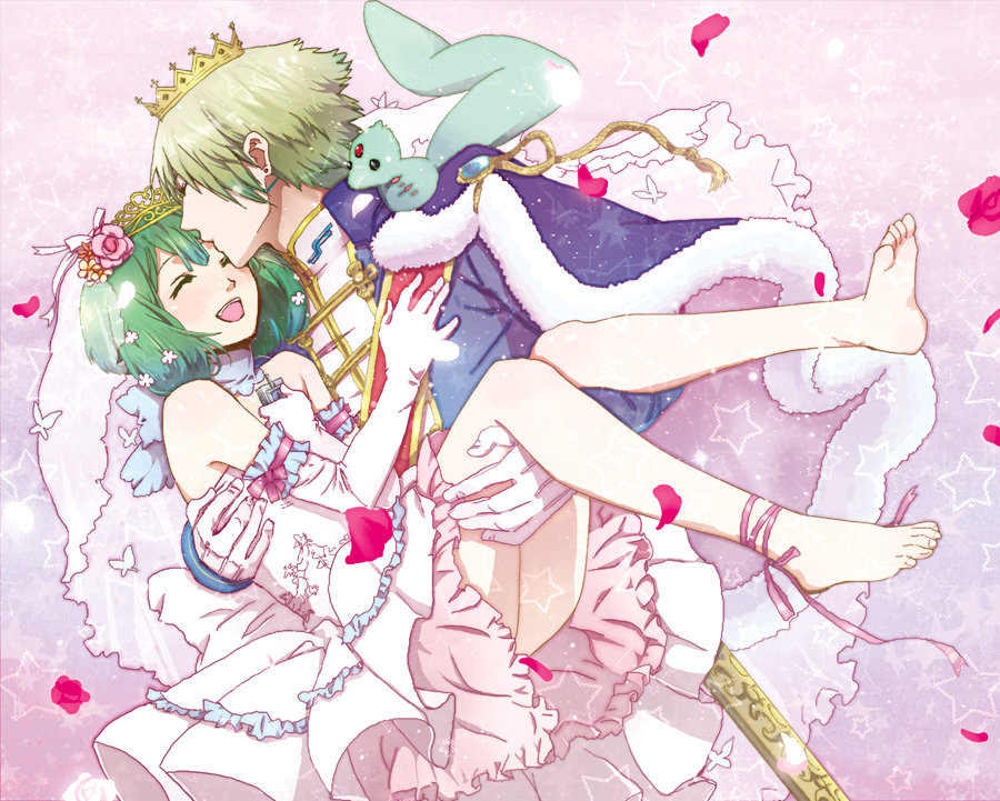 ankle_ribbon, arm_garter, bare_shoulders, barefoot, blonde_hair, brera_sterne, brother_and_sister, cape