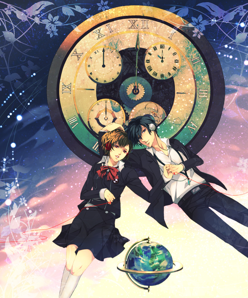 blue_hair, bow, brown_hair, clock, female_protagonist_(persona_3), globe, hand_holding, headphones