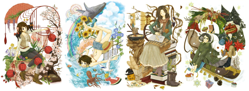 barefoot, bell, belt, bikini, bird, black_cat, black_cat_(animal), black_hair, blue_eyes, book, bread, brown_eyes, brown_hair, bunny, cat, cherry_blossoms, closed_eyes, cloud, denim, denim_shorts, earmuffs, egg, eyes_closed, feet, fish, flower, food, fruit, glasses, hat, highres, jack-o'-lantern, lantern, leggings, maru_(memoriatechnica), nest, net, octopus, original, pantyhose, pumpkin, rabbit, rainbow, reindeer, sandals, seagull, shorts, single_shoe, sitting, snow, snowman, soup, spring, spring_(season), squirrel, straw_hat, summer, sunflower, swimsuit, toboggan, tree, vest, watermelon, whale, winter