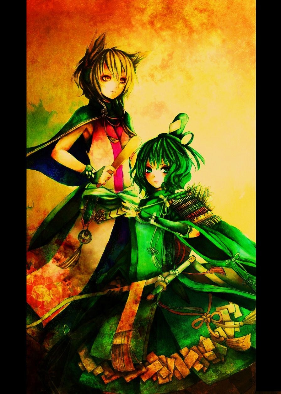 alternate_costume, arrow, blonde_hair, green_eyes, green_hair, highres, kido5899, multiple_girls
