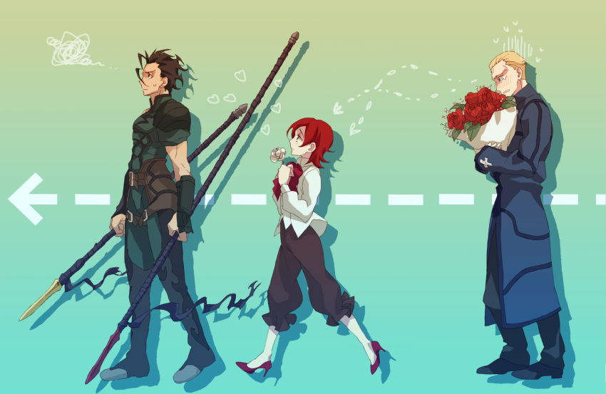 black_hair, blonde_hair, bouquet, directional_arrow, dual_wielding, fate/stay_night, fate/zero, fate_(series)